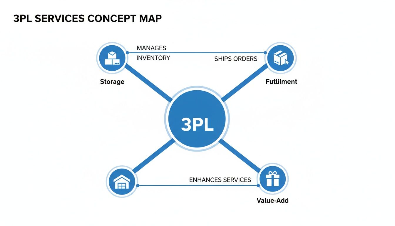 A concept map illustrating 3PL services, including storage, inventory management, order fulfillment, and value-added services.