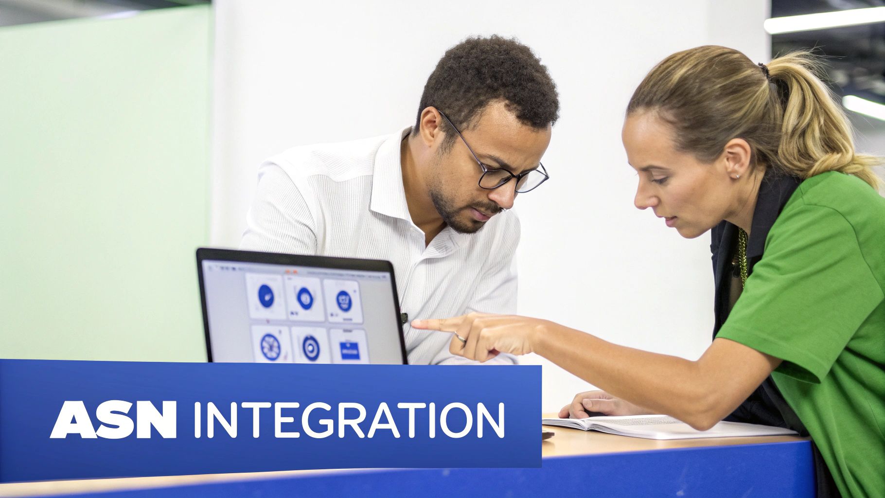 Two business professionals collaborating on a laptop, with one pointing at the screen, discussing data integration.