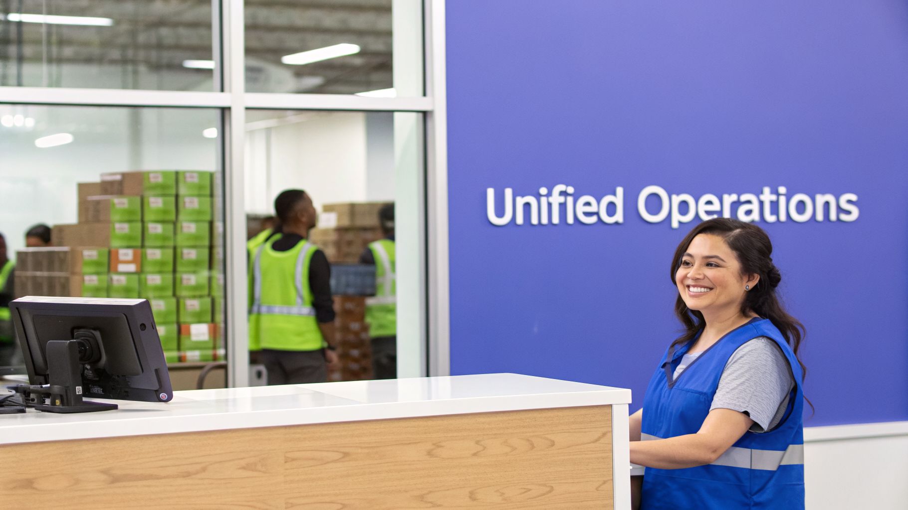A smiling woman in a blue safety vest works at a counter in a “Unified Operations” center.