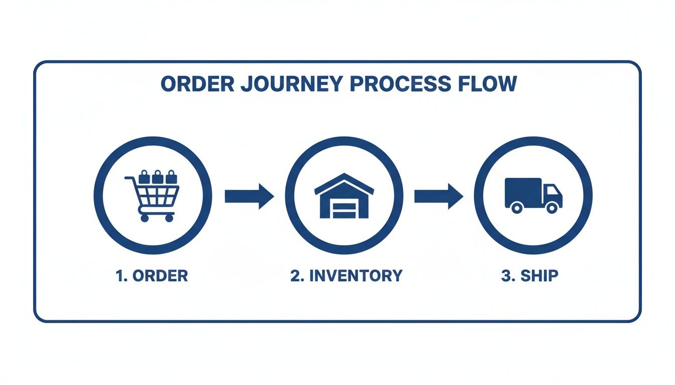 A process flow diagram illustrating the order journey with three steps: order, inventory, and ship.