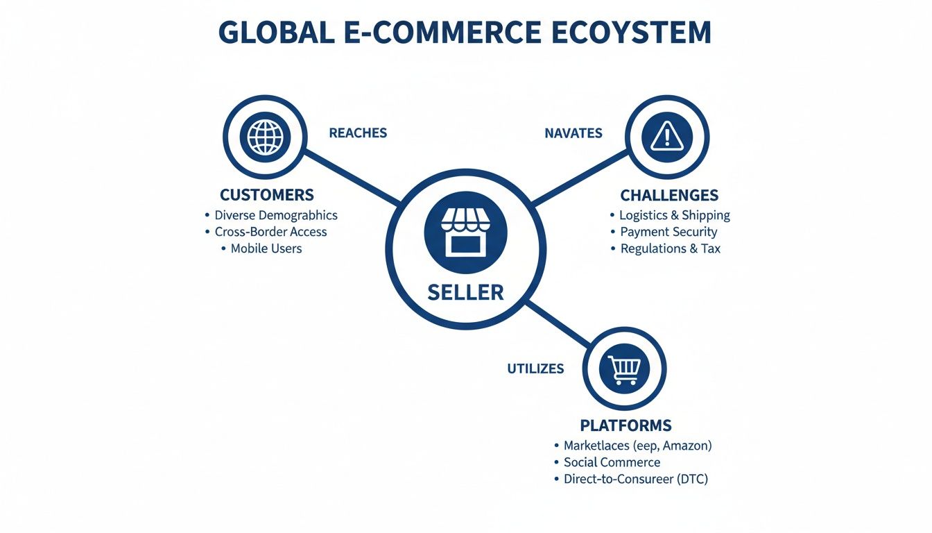 Diagram illustrating the global e-commerce ecosystem, showing sellers, customers, platforms, and challenges.