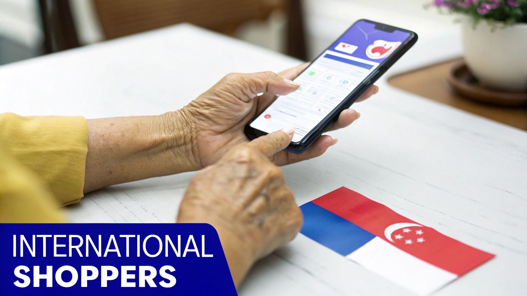Close-up of an elderly person’s hands using a smartphone for online shopping with a Singapore flag.