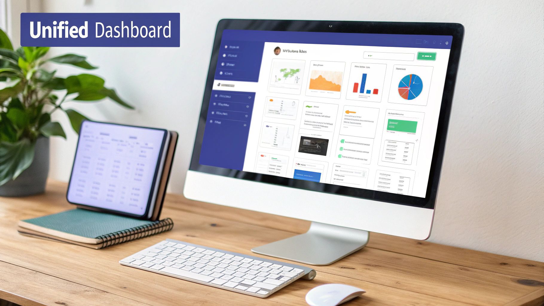 Desktop computer showing a unified dashboard with charts and data, alongside a tablet on a wooden desk.