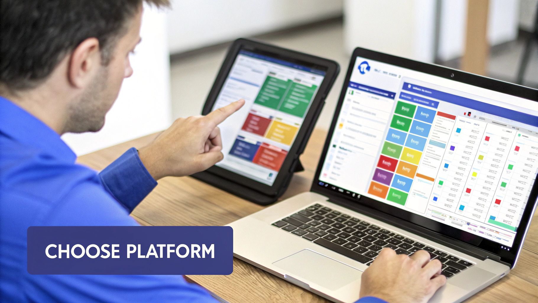 A person using a tablet and laptop to view and choose between different digital business platforms.