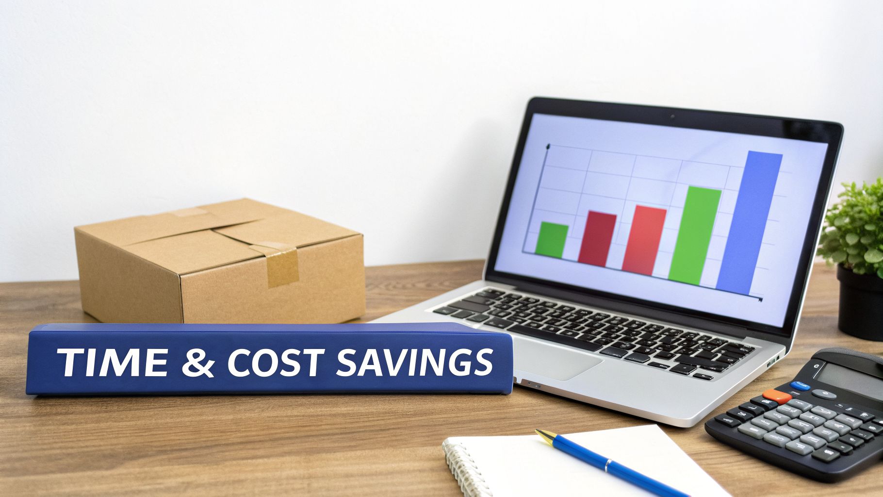 Business desk setup with a box, laptop displaying a bar chart, and ‘TIME & COST SAVINGS’ folder, symbolizing efficiency.