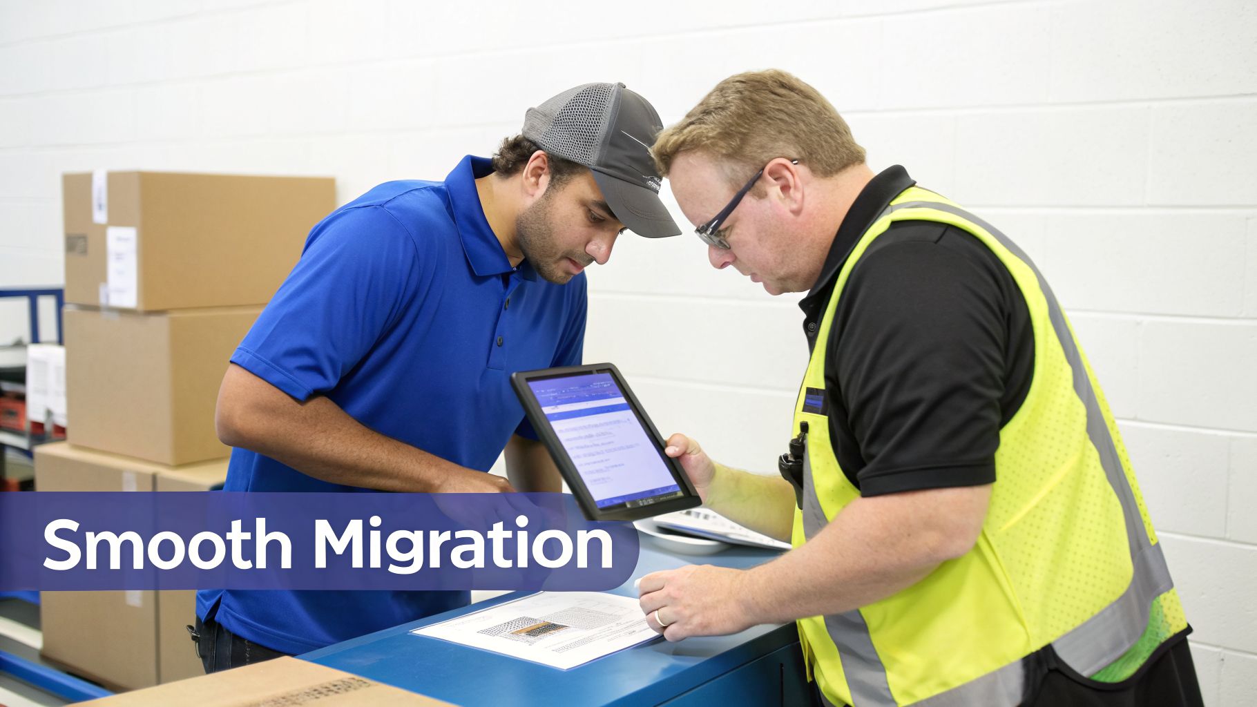 Two warehouse workers reviewing order details on a tablet among stacked boxes.