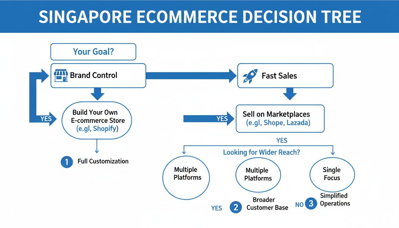 Singapore e-commerce decision tree outlining strategies for brand control, fast sales, and marketplace selling options.
