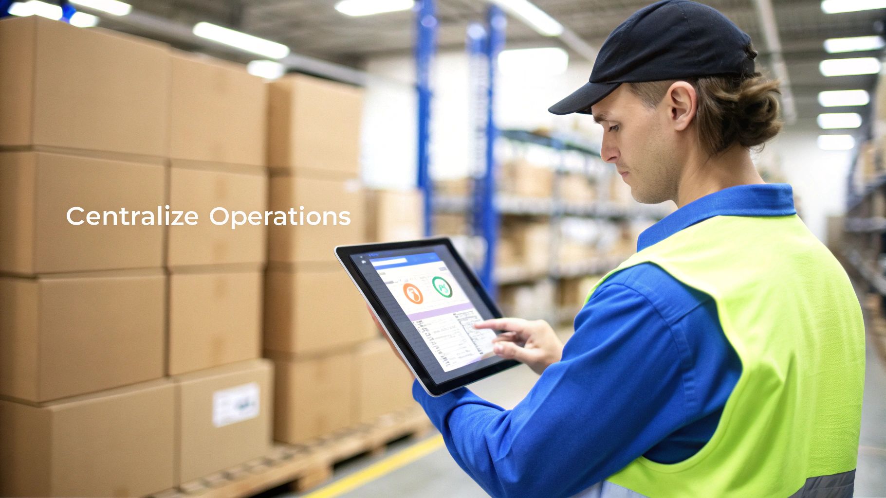 Warehouse manager using a digital tablet to centralize inventory and logistics in a modern facility.