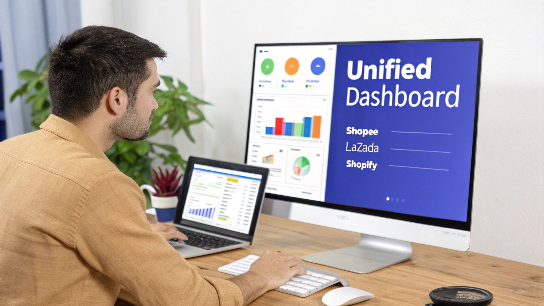 Man uses laptop and large monitor displaying a unified e-commerce dashboard for Shopee, Lazada, and Shopify.