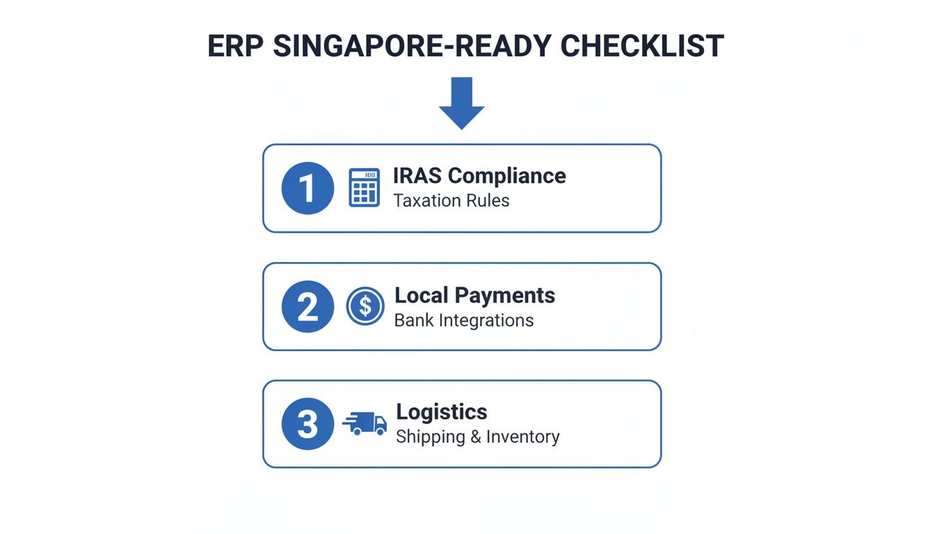 Checklist showing three essential steps for ERP systems to be Singapore-ready: IRAS compliance, local payments, and logistics.
