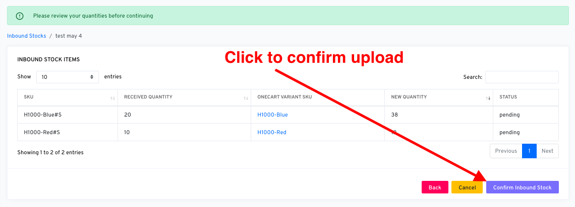 Confirm Inbound Stock