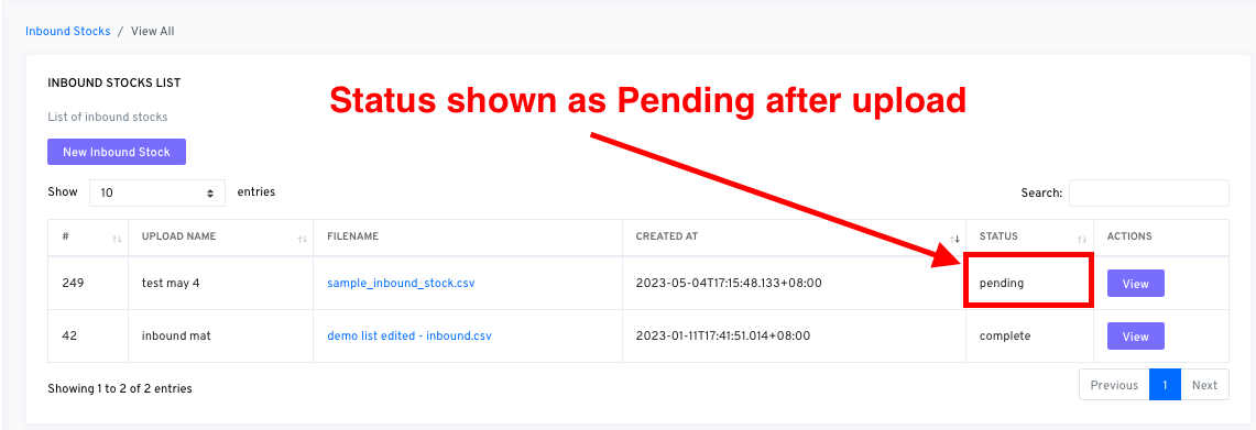 Pending Upload Status