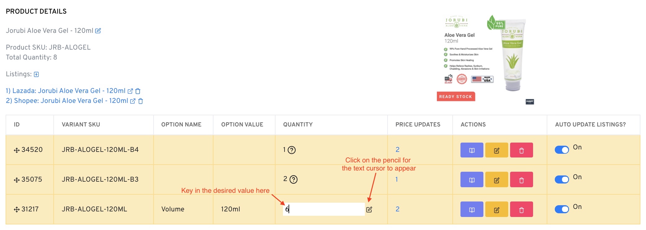 Edit Quantity in Product Details