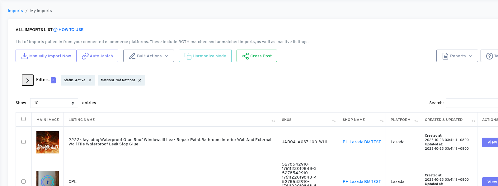 Import Listings page showing the filter tabs and listing table