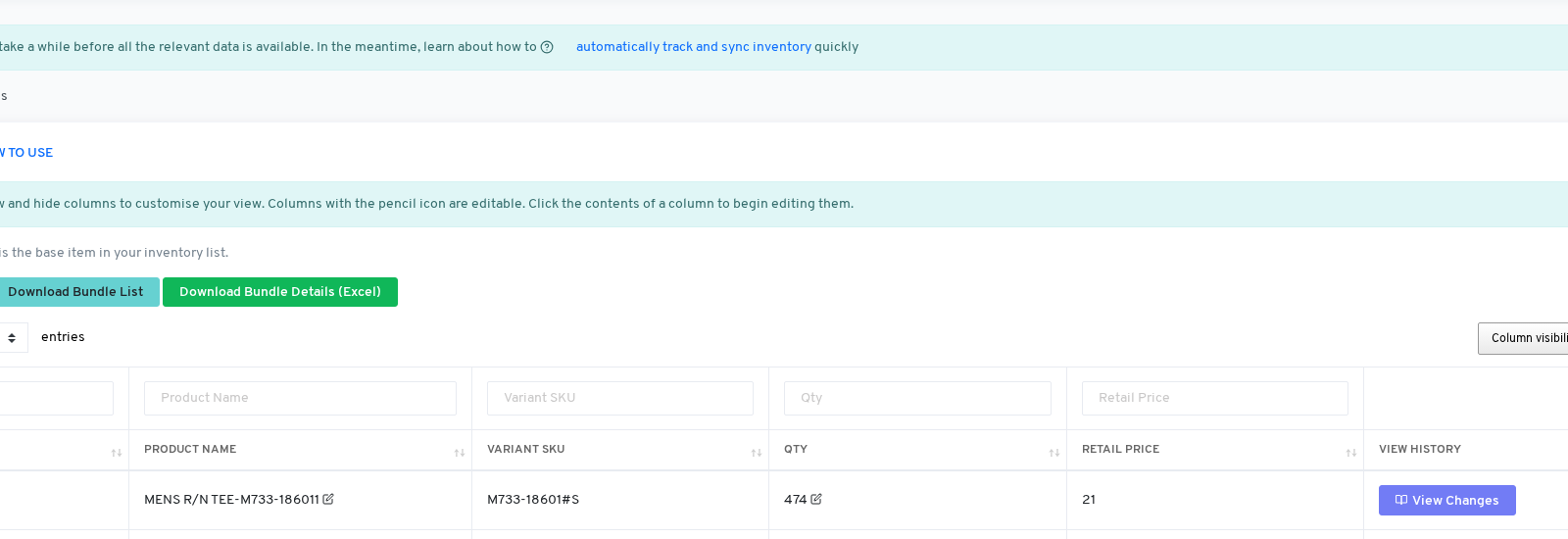 Variants page showing the SKU search filters