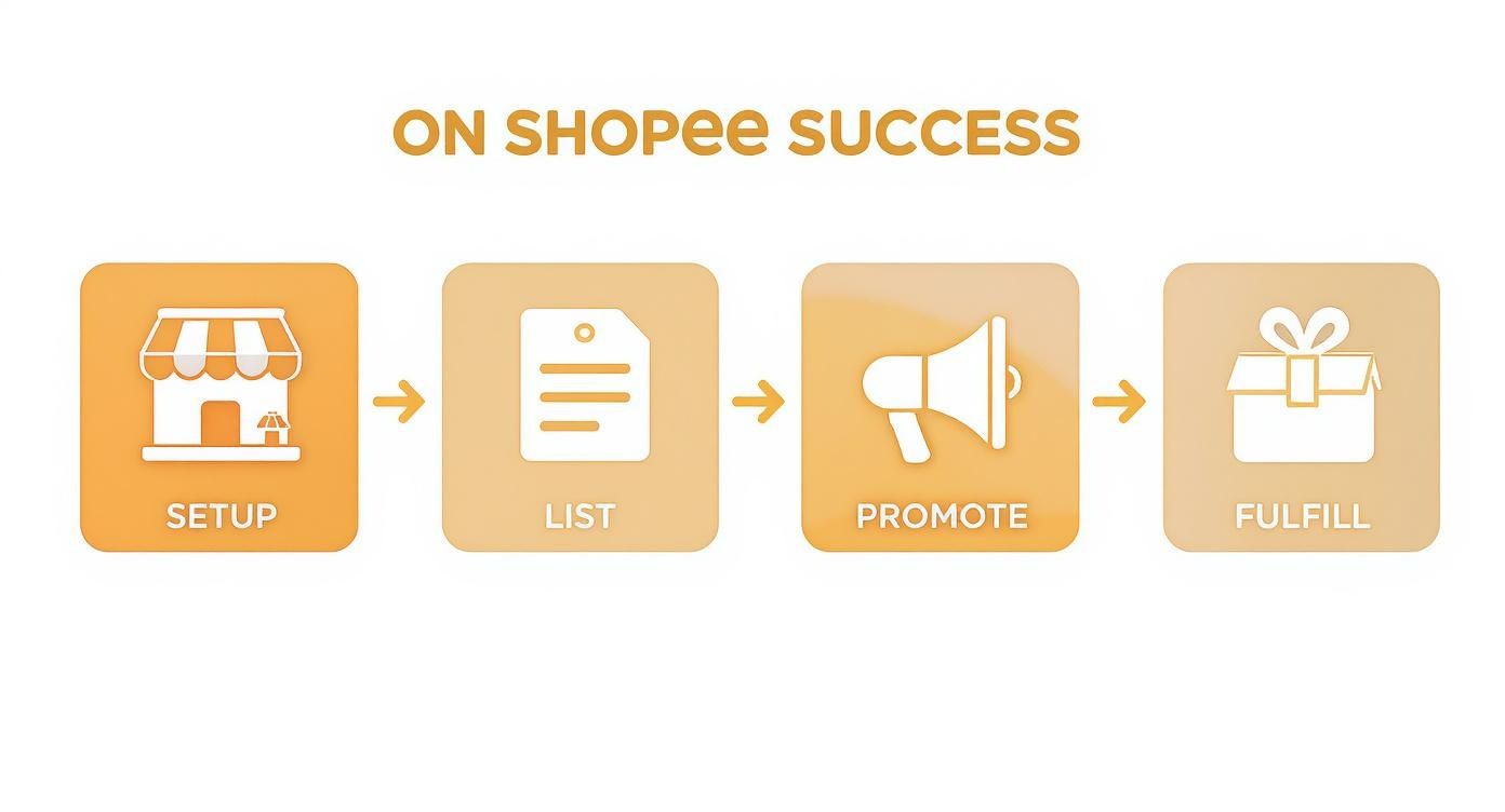Four-step process for Shopee success: setup, list products, promote sales, and fulfill orders.
