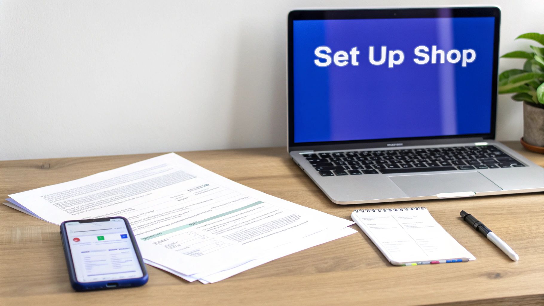 A wooden desk with a laptop displaying “Set Up Shop”, alongside papers, a smartphone, a notebook, and a pen.