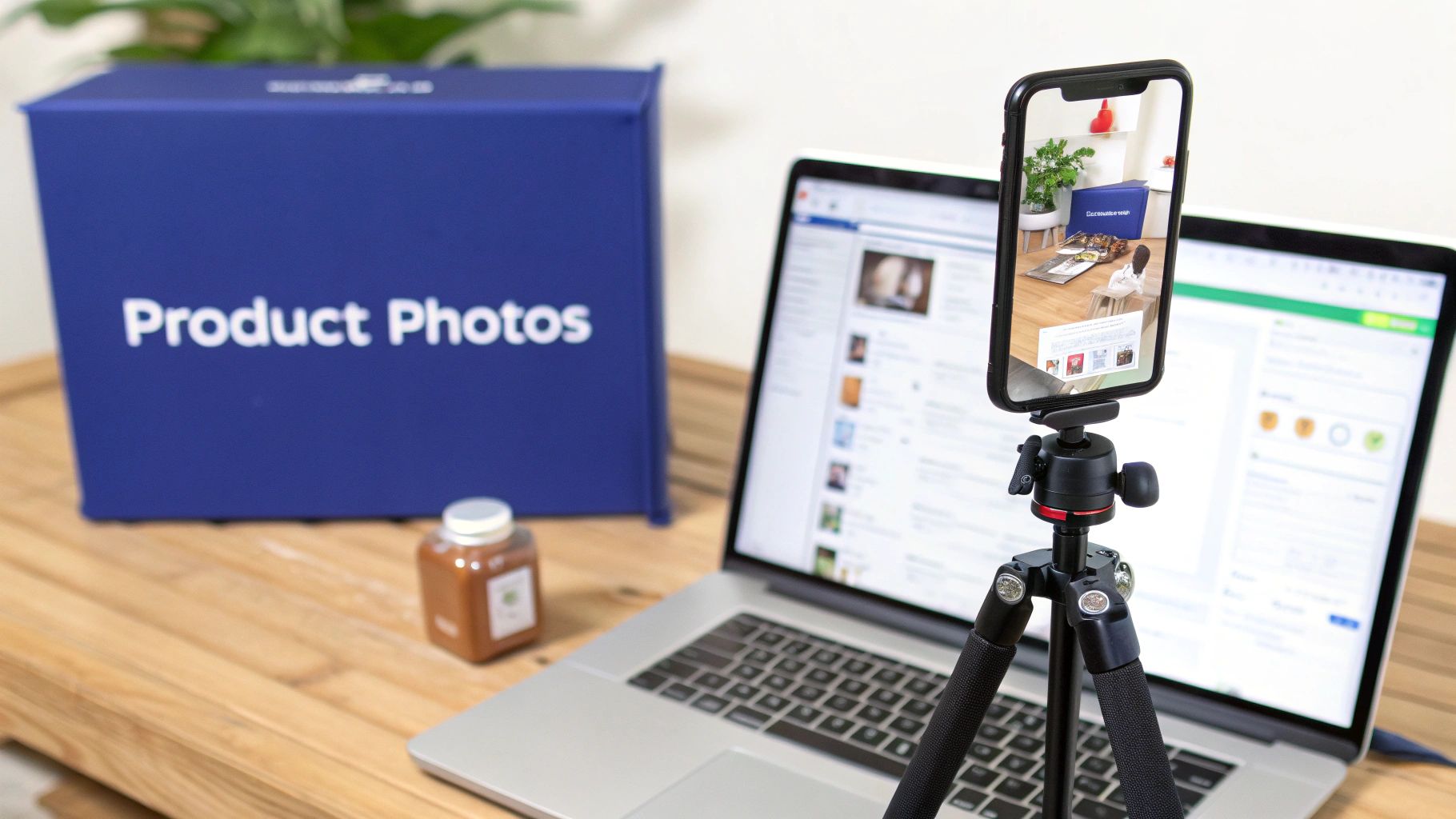 A smartphone on a tripod recording a blue ‘Product Photos’ box and laptop, for e-commerce content.