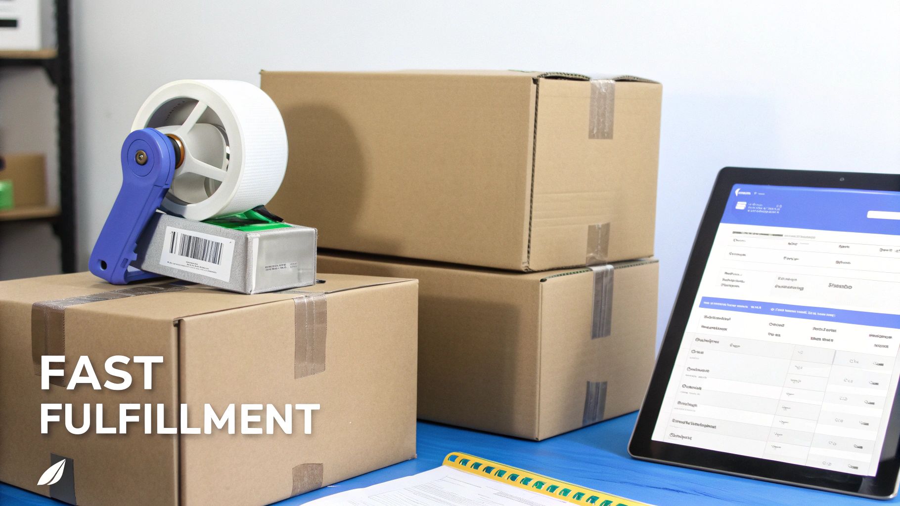 Cardboard shipping boxes, a tape dispenser, and a tablet with an order system, for fast e-commerce fulfillment.