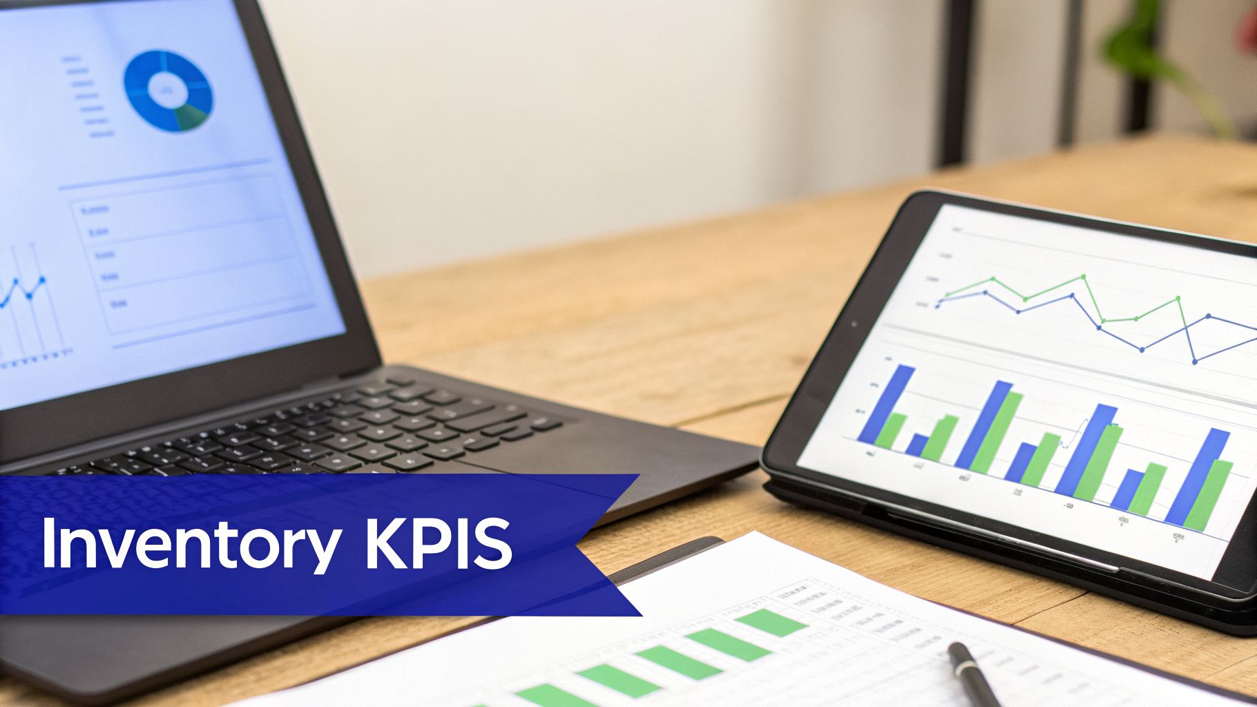 A desk with a laptop, tablet, and document displaying charts, graphs, and inventory KPIs.