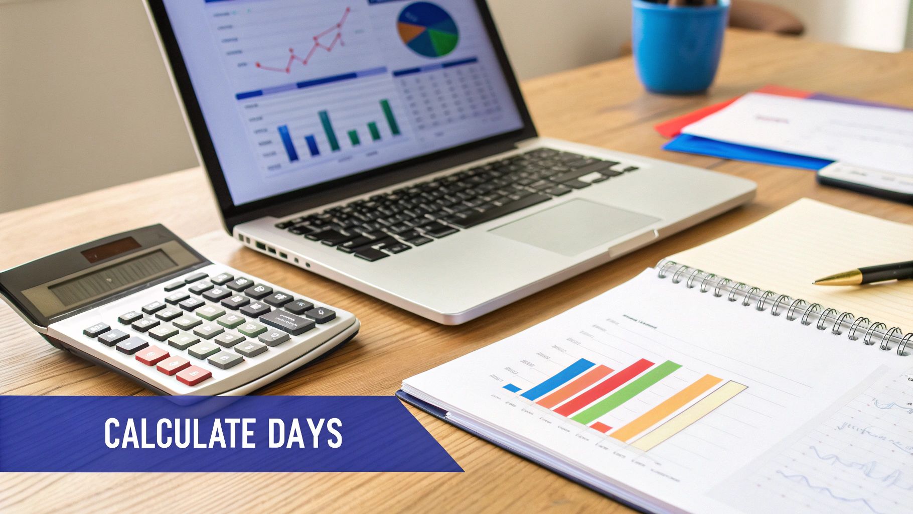A desk with a laptop displaying financial charts, a calculator, and a notebook with graphs, for data analysis.