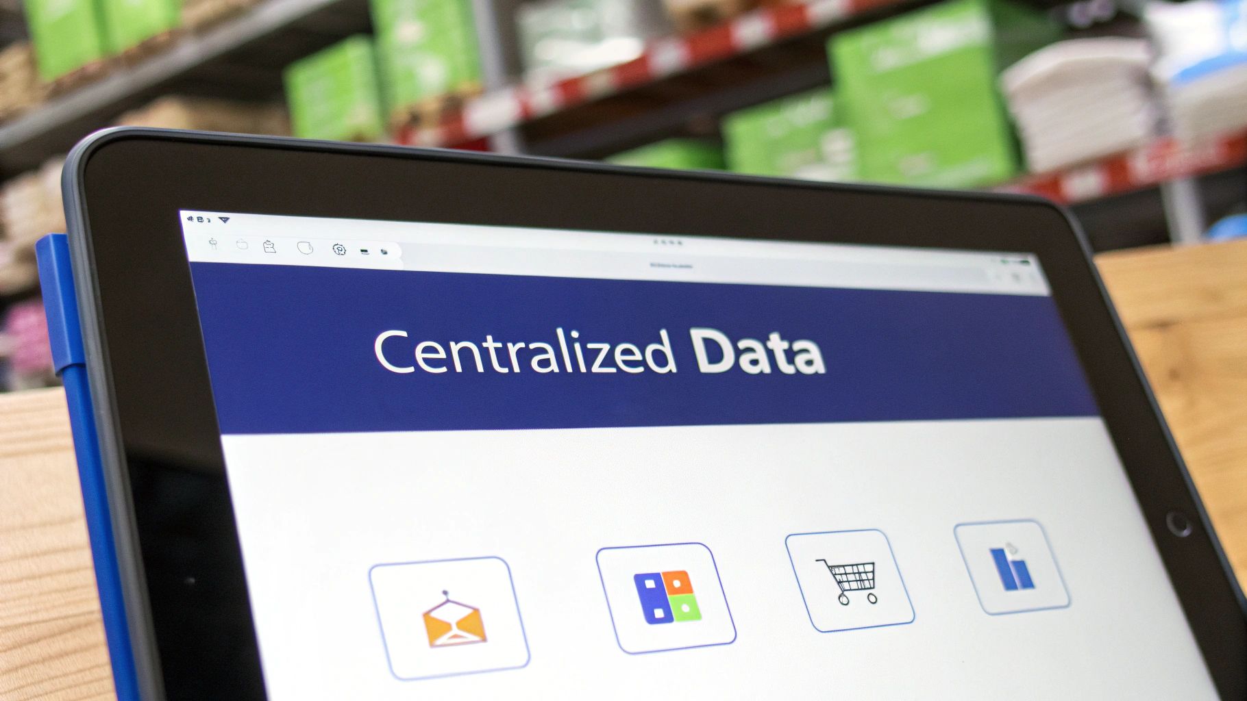 A tablet displays ‘Centralized Data’ and app icons against a blurred warehouse background.