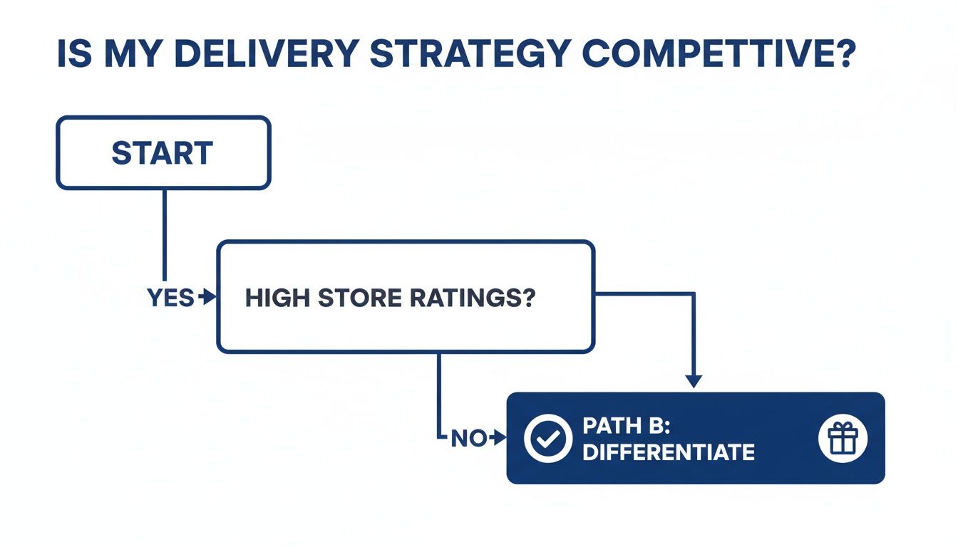 A flowchart titled ‘Is my delivery strategy competitive?’ with steps for ‘Start’, ‘High Store Ratings?’, and ‘Path B: Differentiate’.