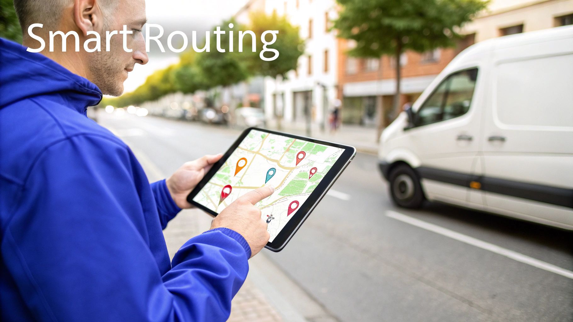A delivery driver uses a tablet to optimize routes with multiple stops, a white van nearby.