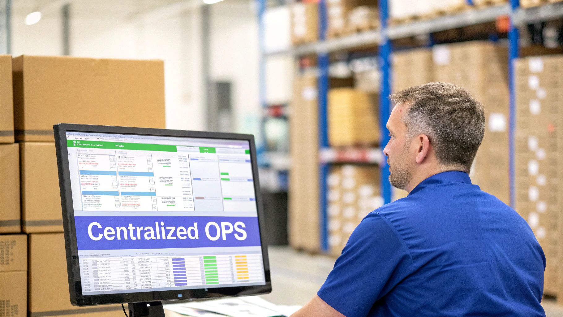 Man in a warehouse reviews centralized operations on a computer, optimizing logistics.