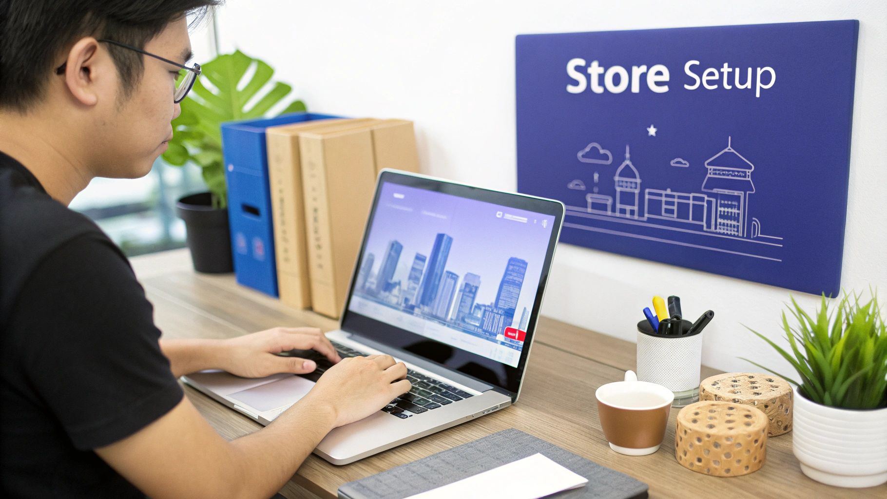 A man setting up an online store on a laptop, with a ‘Store Setup’ sign in the background.