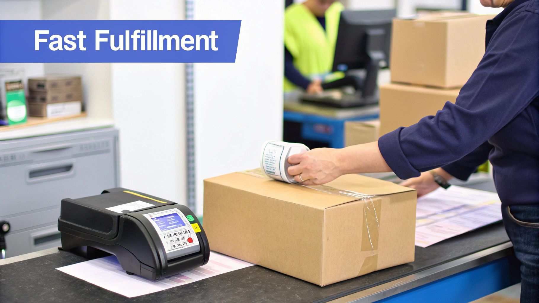 Worker applying a shipping label to a brown cardboard box in a busy fulfillment center.
