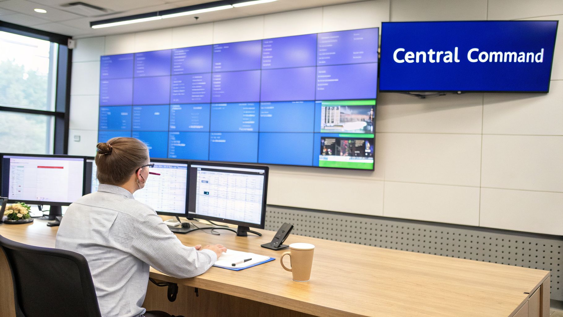 A person monitors multiple computer screens and a large “Central Command” display in a modern control room.