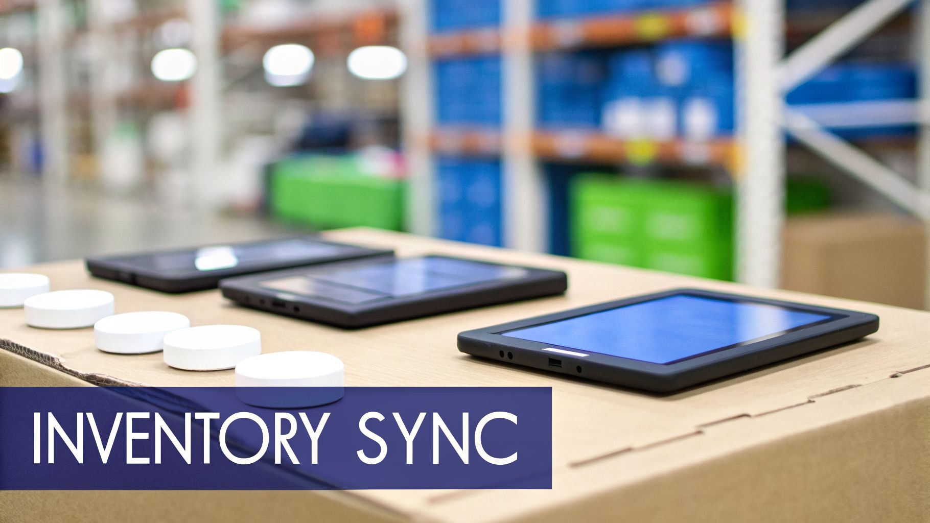 Digital tablets and smart sensors on a cardboard box in a warehouse, depicting inventory synchronization.