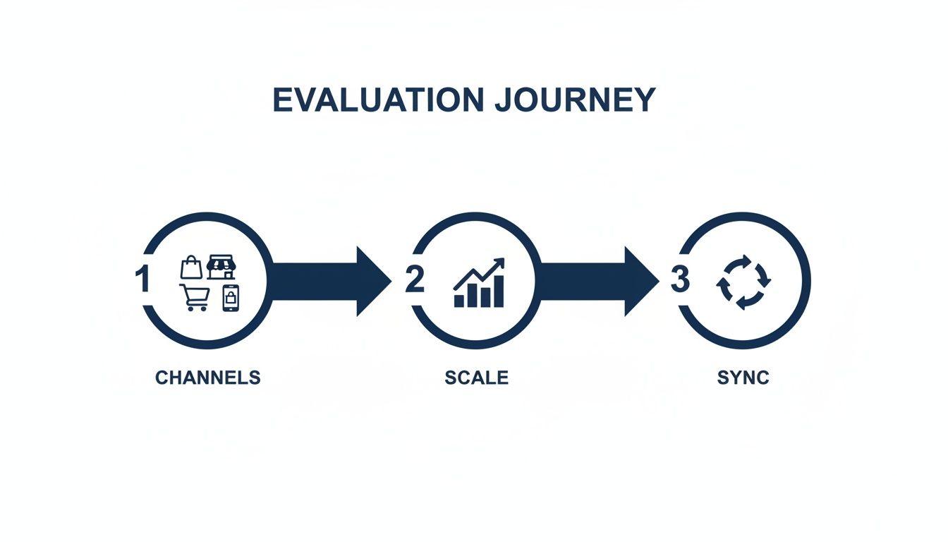 A three-step evaluation journey diagram illustrating channels, scale, and sync for business growth.
