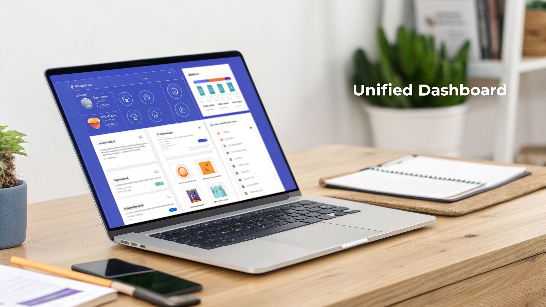 A laptop on a wooden desk displays a unified dashboard with charts, data, and icons.