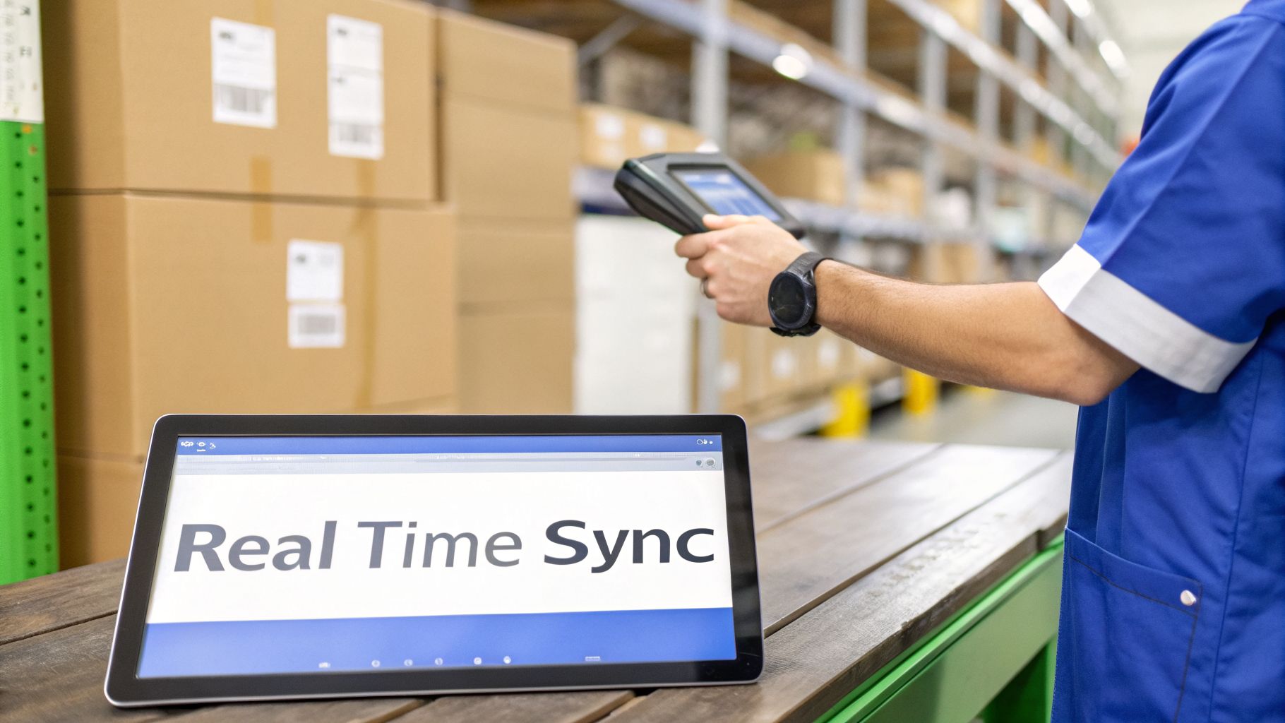A warehouse worker uses a barcode scanner, with a tablet displaying ‘Real Time Sync’ for inventory.