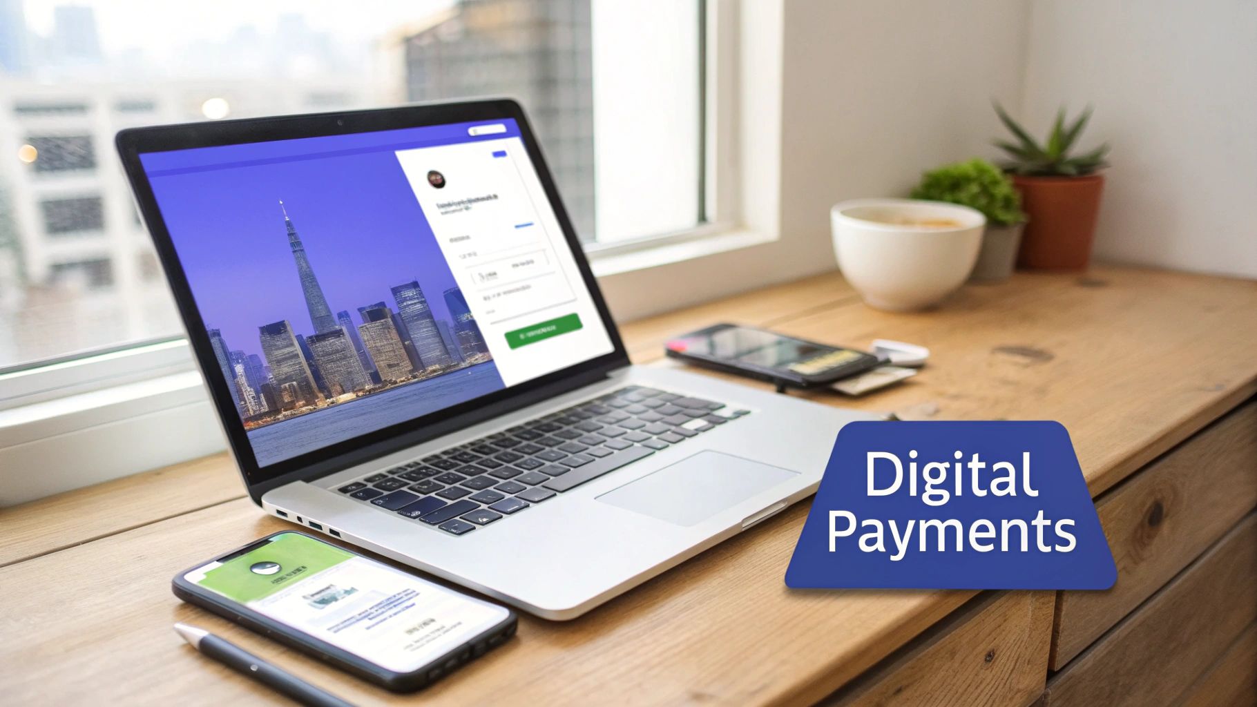 A laptop and smartphones on a wooden desk with a ‘Digital Payments’ overlay, illustrating online transactions.