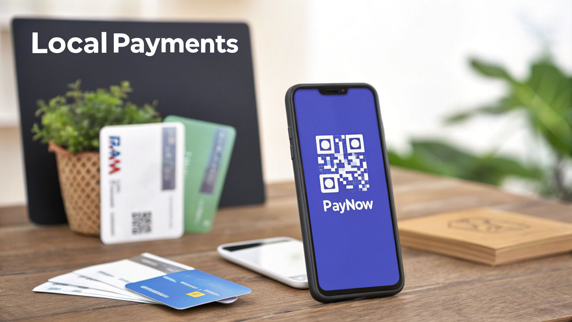 A smartphone displaying a PayNow QR code and various payment cards for local transactions.