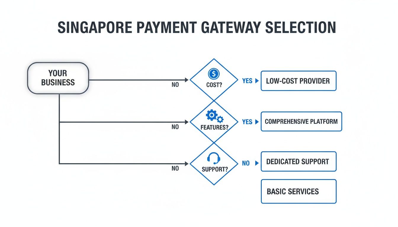 Flowchart illustrating the selection process for a Singapore payment gateway based on cost, features, and support.