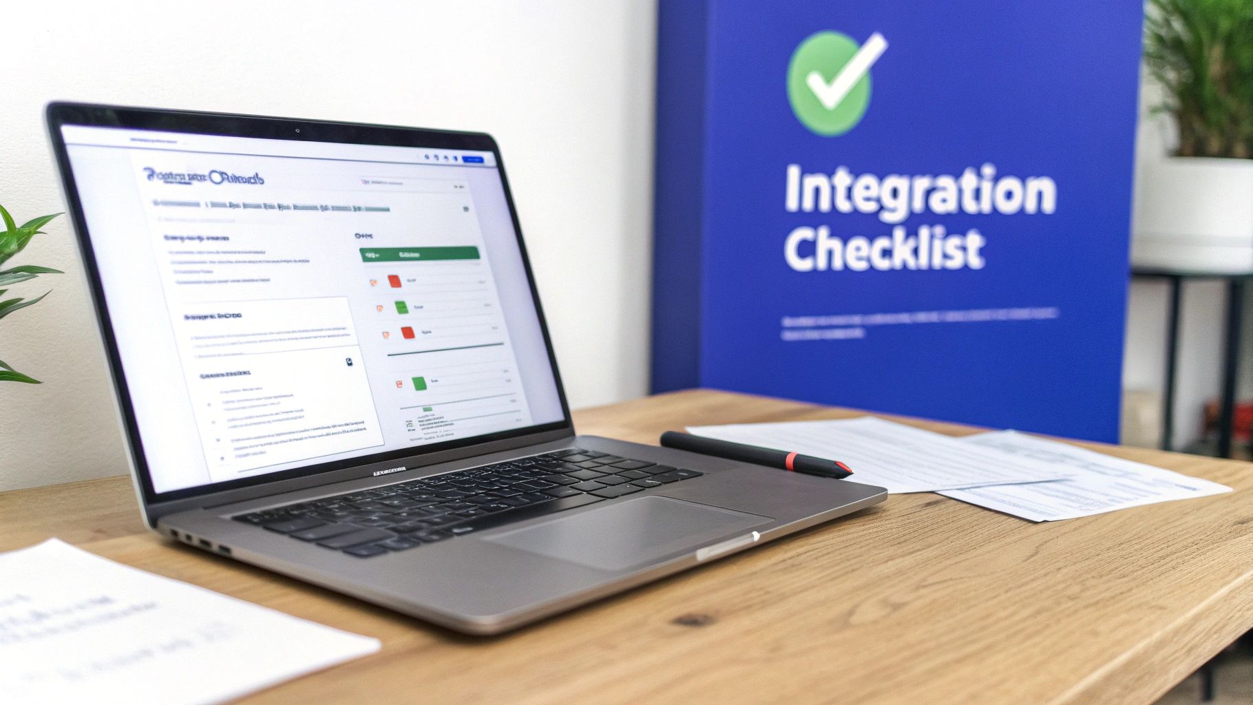 A laptop on a wooden desk displays an ‘Integration Checklist’ dashboard, with a pen and papers.