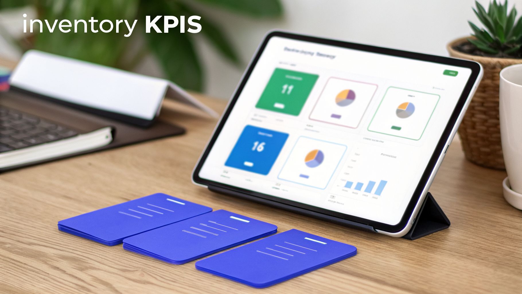 A tablet on a wooden desk displays inventory KPIs with data charts and metrics.