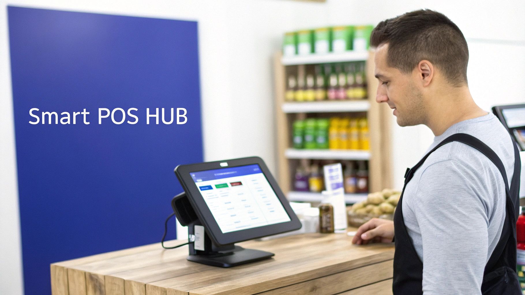 Employee using a smart POS system at a wooden counter in a modern retail store.