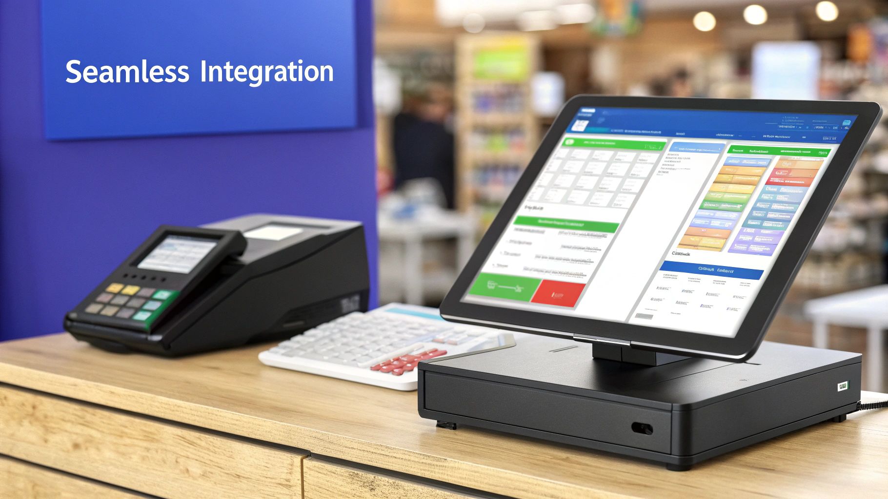Modern POS system with a tablet and payment terminal on a wooden counter in a retail store.