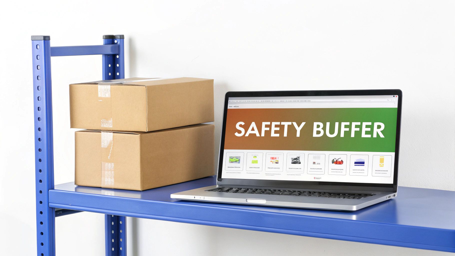 A laptop screen displays “SAFETY BUFFER” next to stacked cardboard boxes on a blue metal shelf.