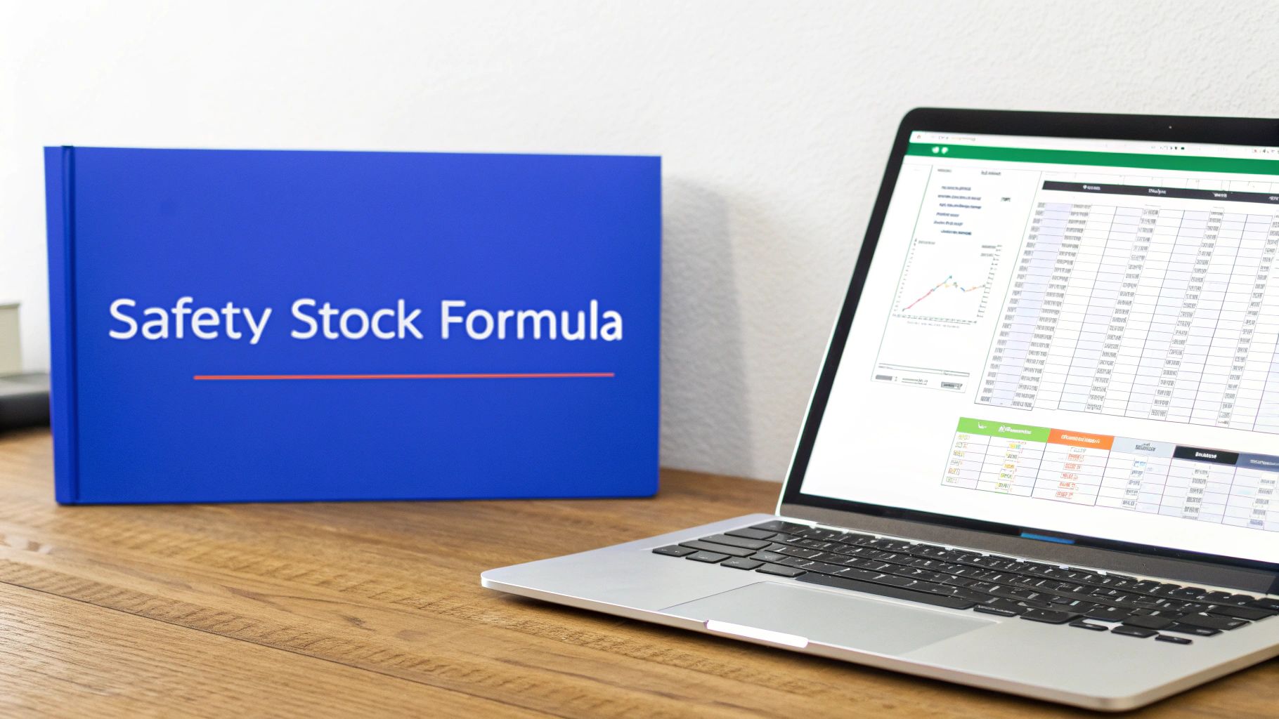 A blue book titled ‘Safety Stock Formula’ next to a laptop displaying inventory data and charts.