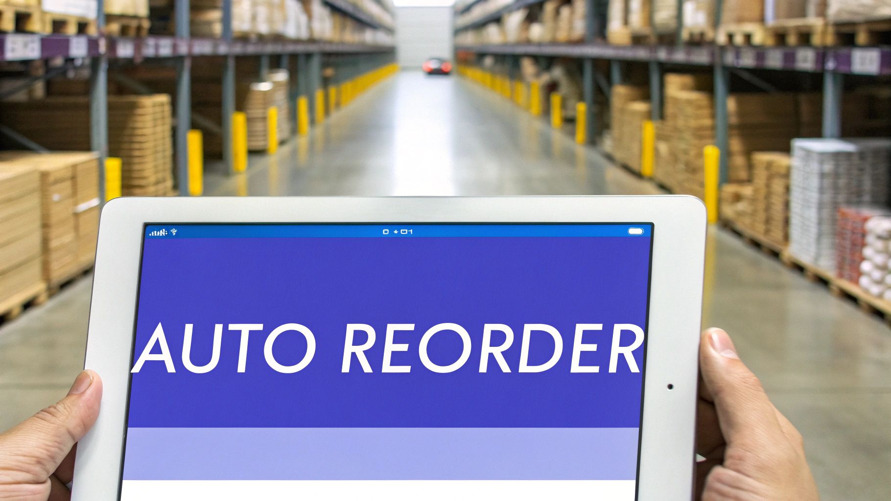 A person holds a tablet displaying ‘AUTO REORDER’ in a large, organized warehouse, showing inventory management.