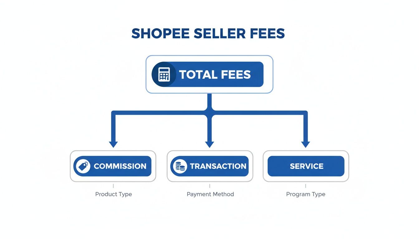 Flowchart illustrating Shopee seller fees, detailing commission, transaction, and service fee components.