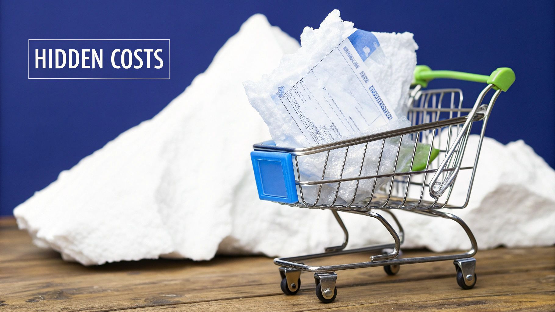 A small shopping cart holds an invoice and packing material, with “HIDDEN COSTS” text and white piles.