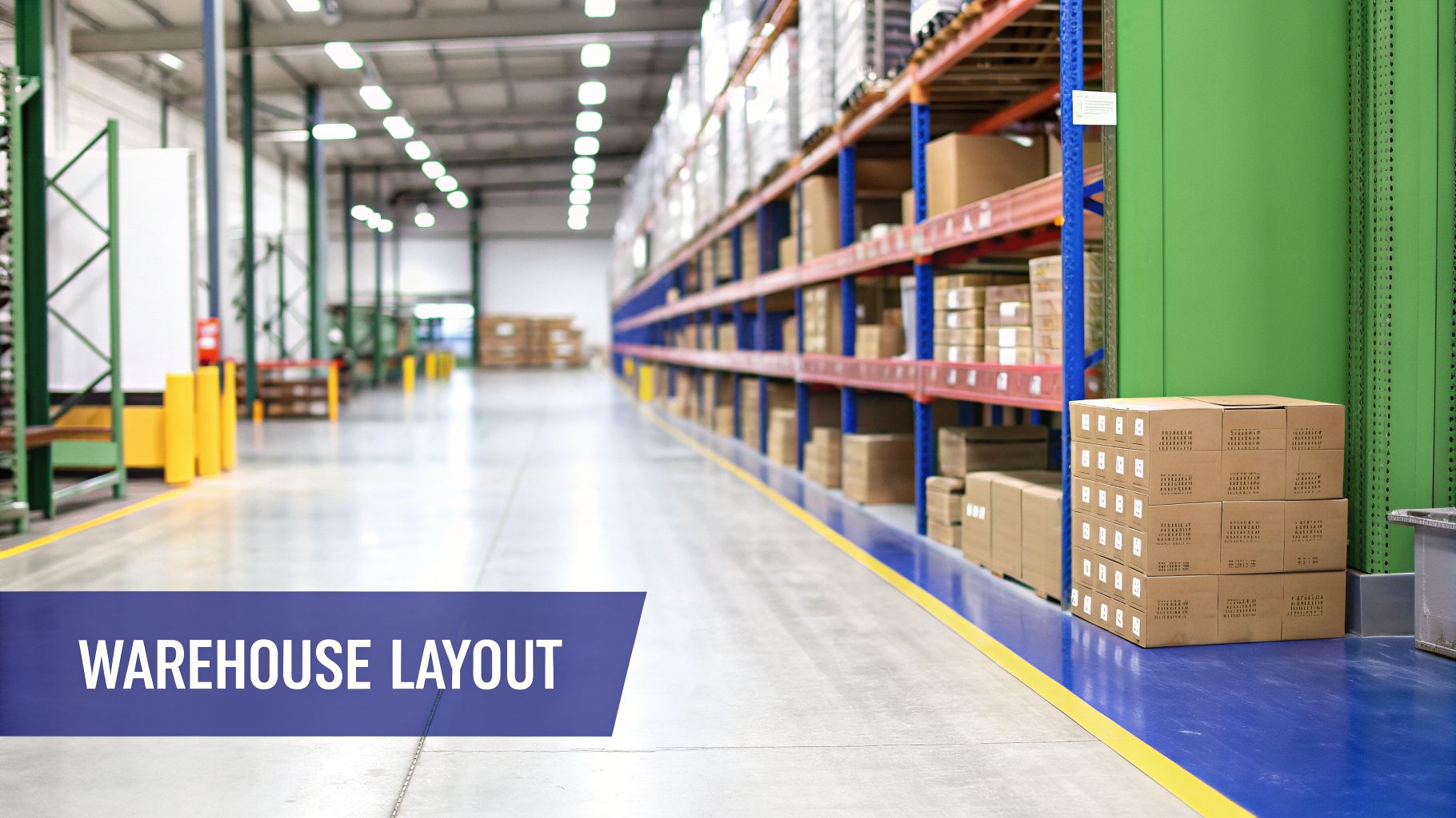 A well-lit warehouse aisle with tall storage shelves stacked with numerous cardboard boxes.