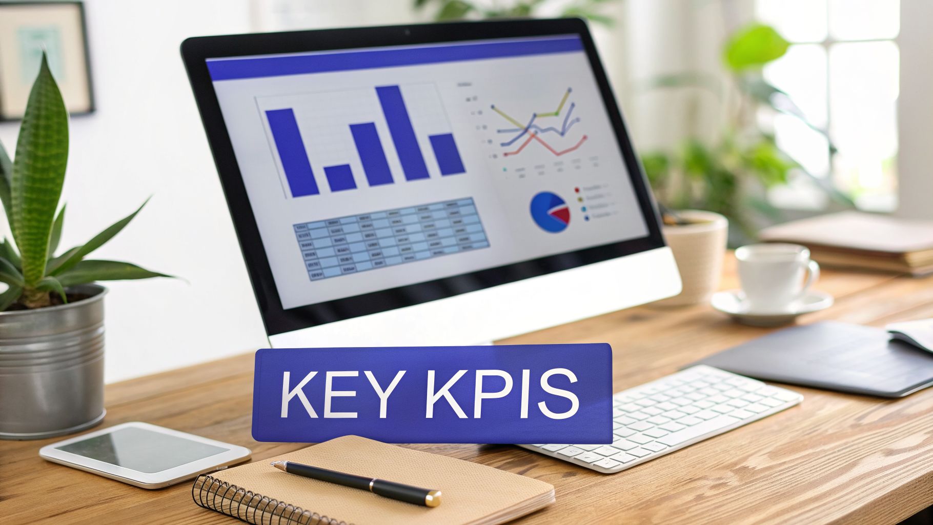 Office desk with computer showing data dashboards and ‘KEY KPIS’ sign, highlighting business analytics.